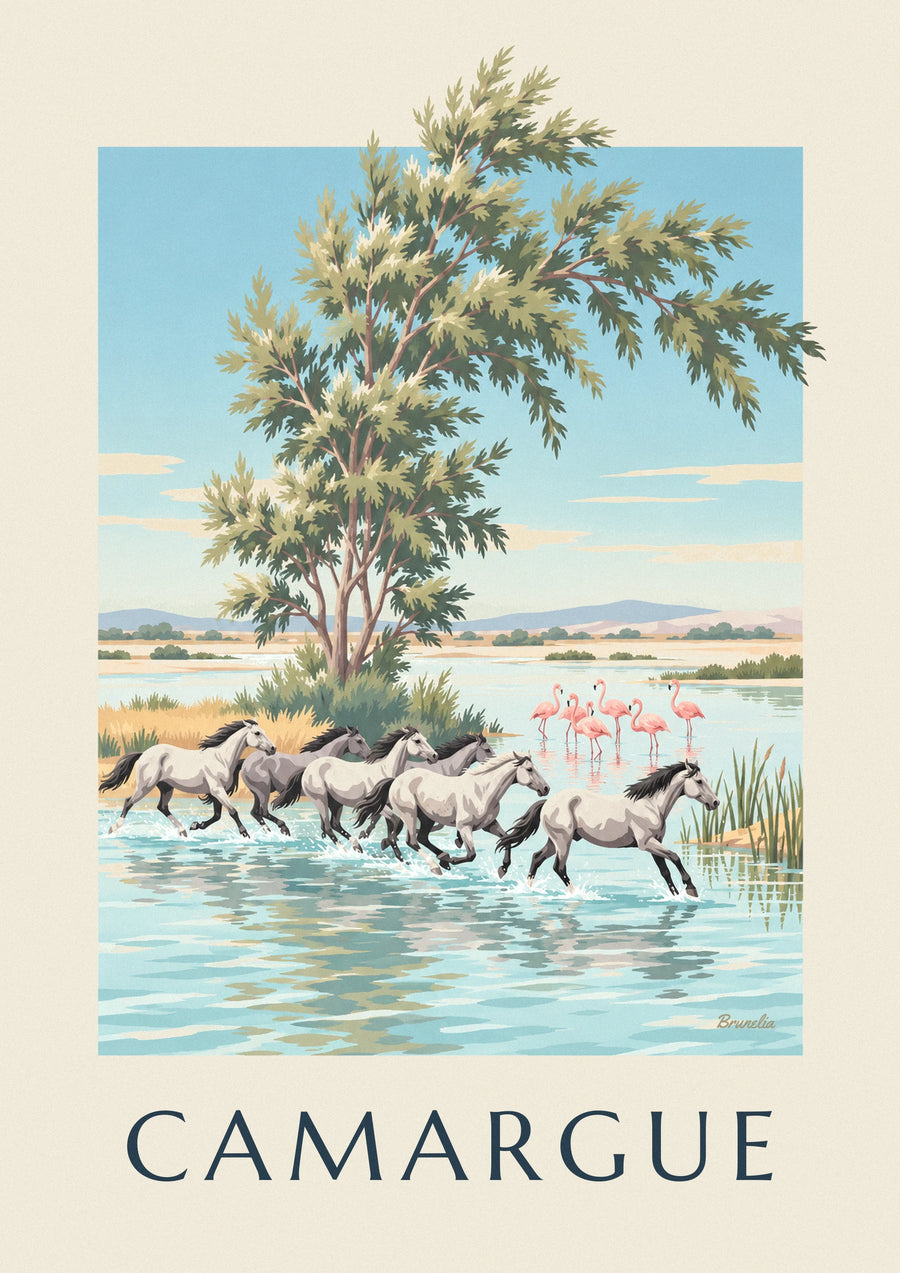 Poster Camargue-paarden in galop door de moerassen