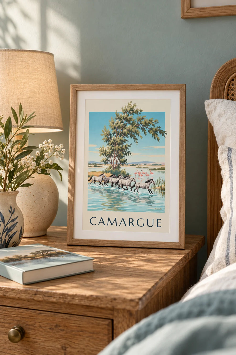 Poster Camargue-paarden in galop door de moerassen: klein formaat A4 ingelijst
