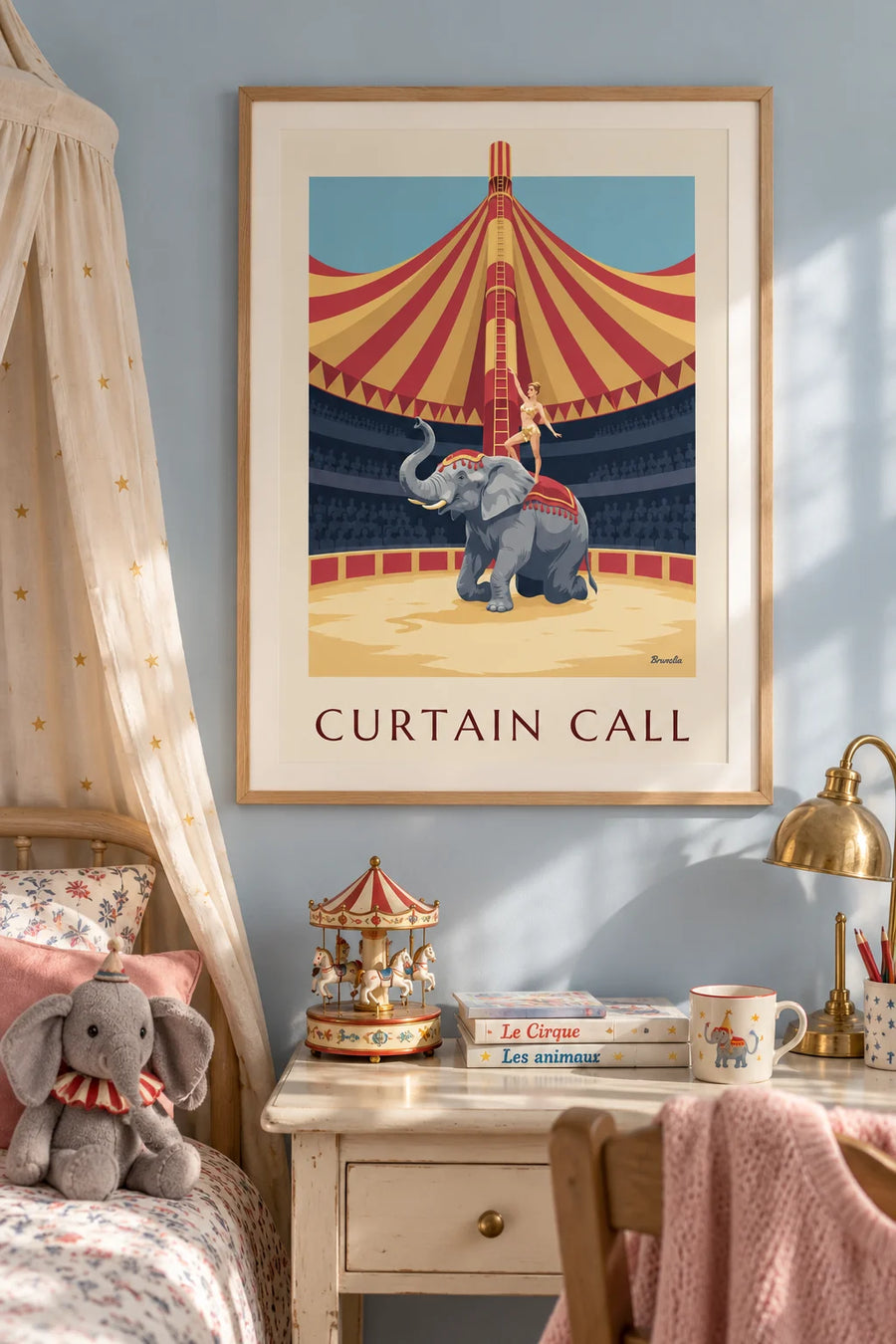 Poster of a kneeling elephant and an acrobat under the big top: framed on the wall
