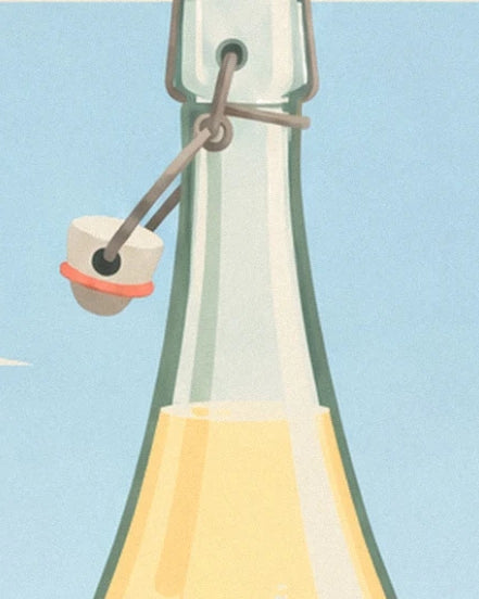 The neck of the swing-top bottle filled with yellow lemonade against a blue sky
