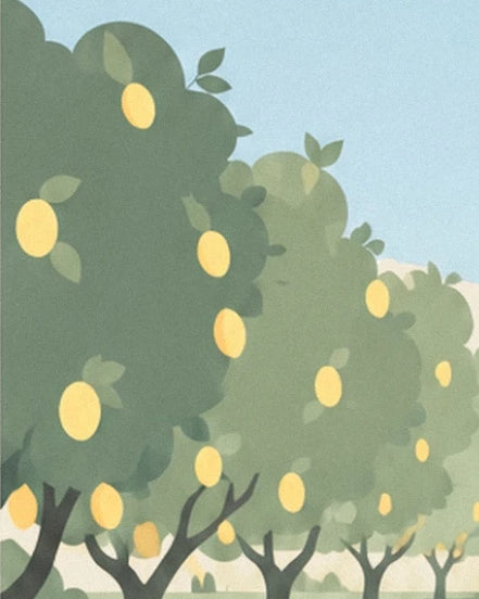 Lemon trees laden with yellow fruit beneath a pale blue sky