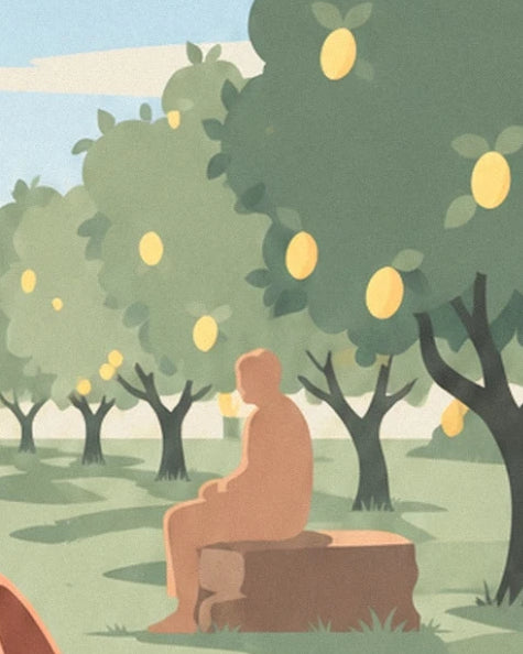 A man sitting on a tree stump among the lemon trees in the orchard