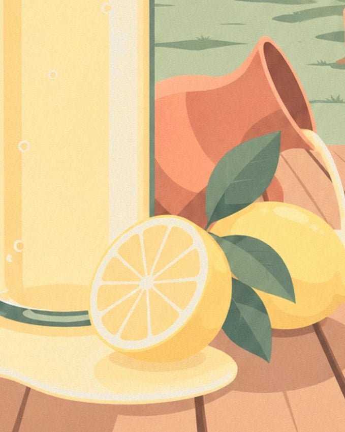 A cut lemon and a whole lemon with their leaves in front of the terracotta jug