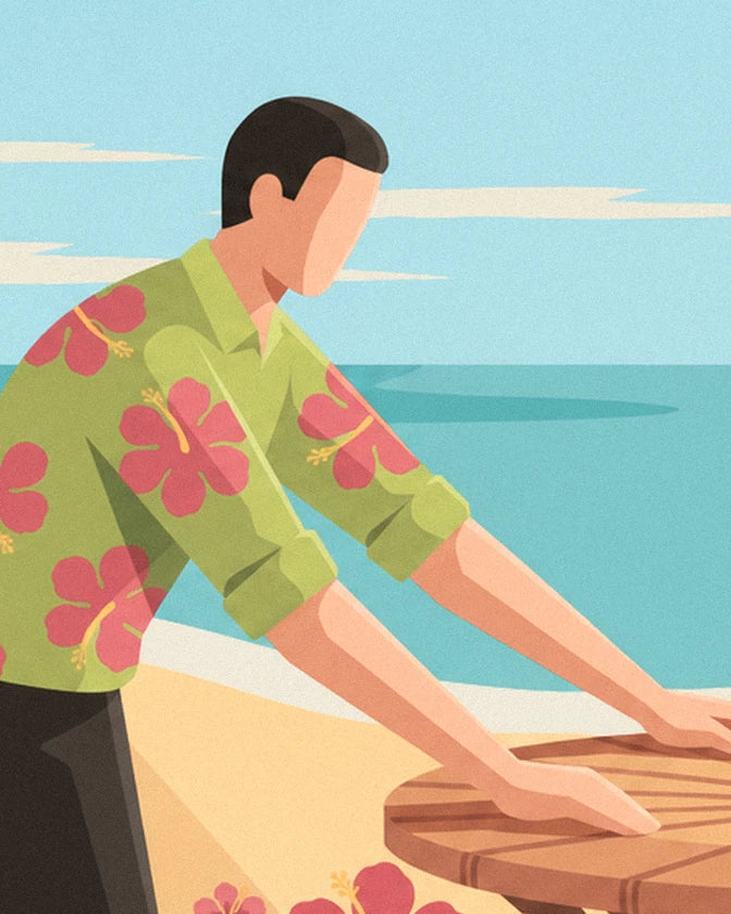 Le serveur en chemise verte à hibiscus roses, penché sur la table face à la mer