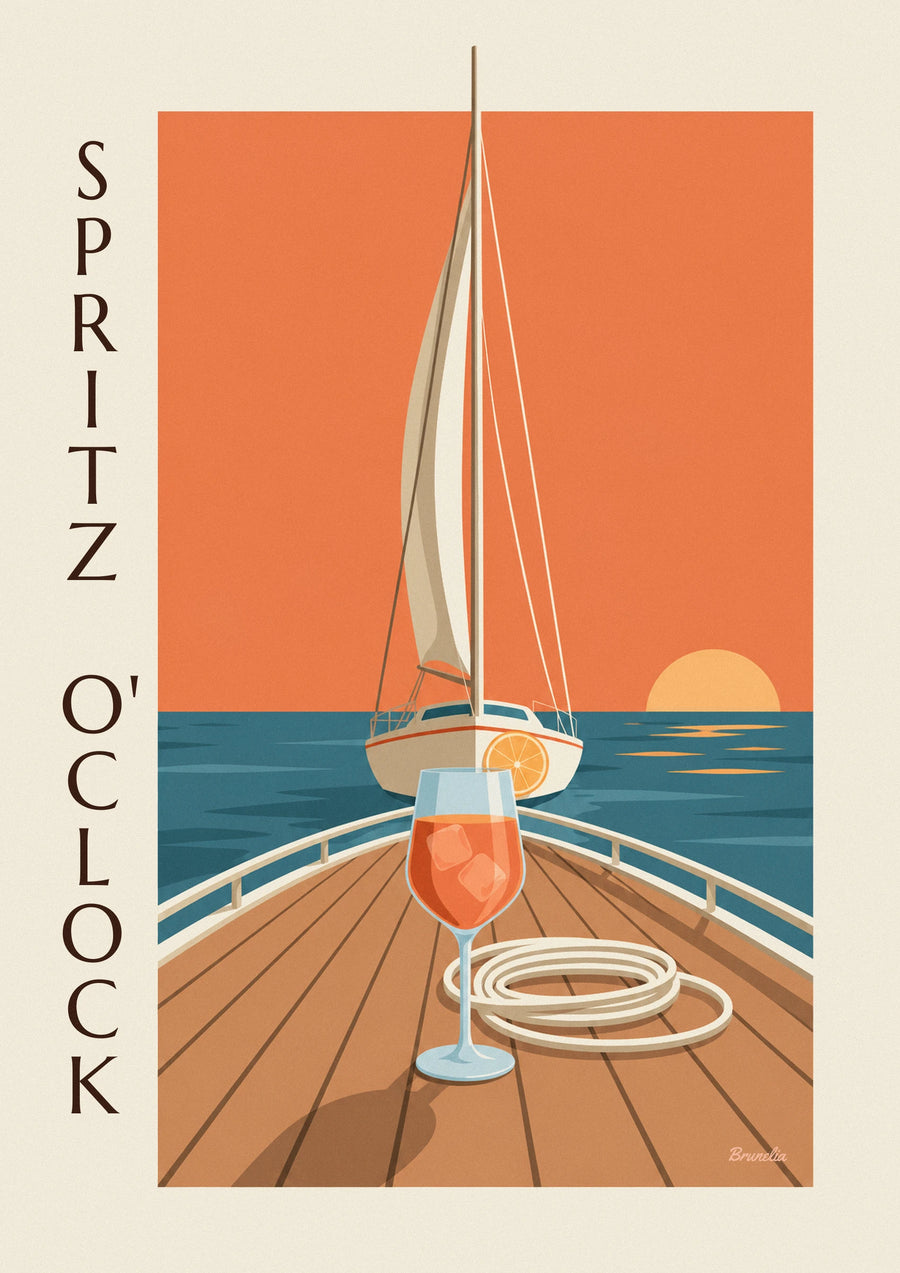 Spritz on a sailboat deck at sunset poster