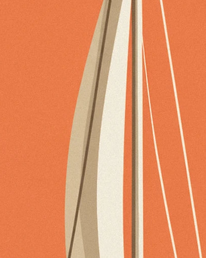 La voile écrue et les cordages du voilier sur un ciel orangé
