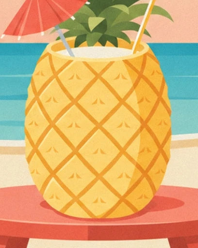 Le cocktail servi dans un ananas doré, sur une table rouge au bord de la plage