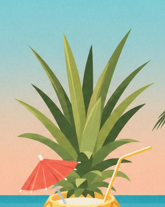 Les feuilles pointues de l’ananas, le parasol rouge et la paille jaune coudée