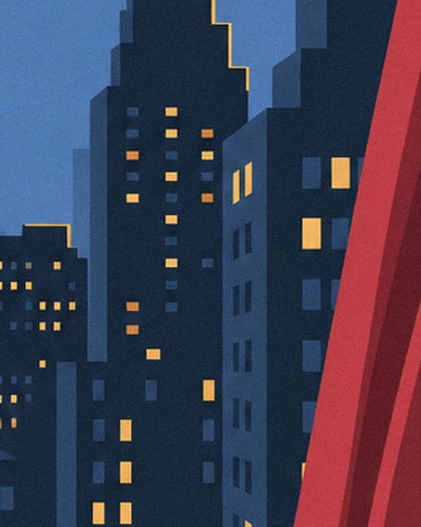 Gratte-ciel bleu nuit aux fenêtres éclairées de jaune, bordés d'un grand rideau rouge
