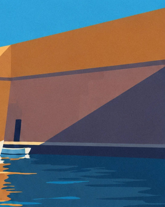 The tall ochre and mauve fort wall, with a blue rowing boat at the water's edge