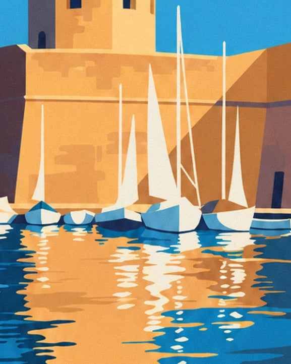 White yachts moored beneath the golden rampart, with their reflections in the water