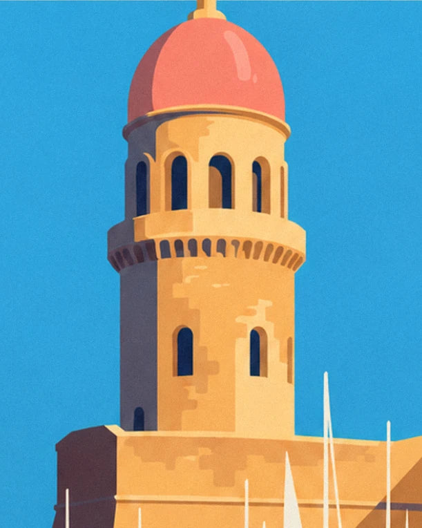 The ochre bell tower with its coral-pink dome and arched openings, beneath a blue sky