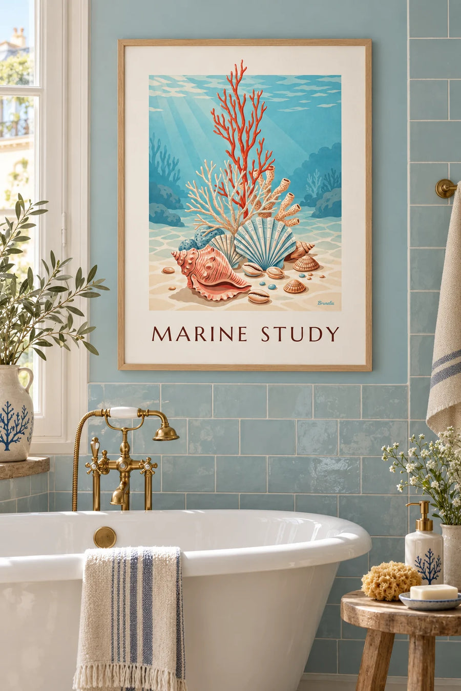 Poster natuurhistorische plaat van koralen en schelpen: ingelijst aan de muur
