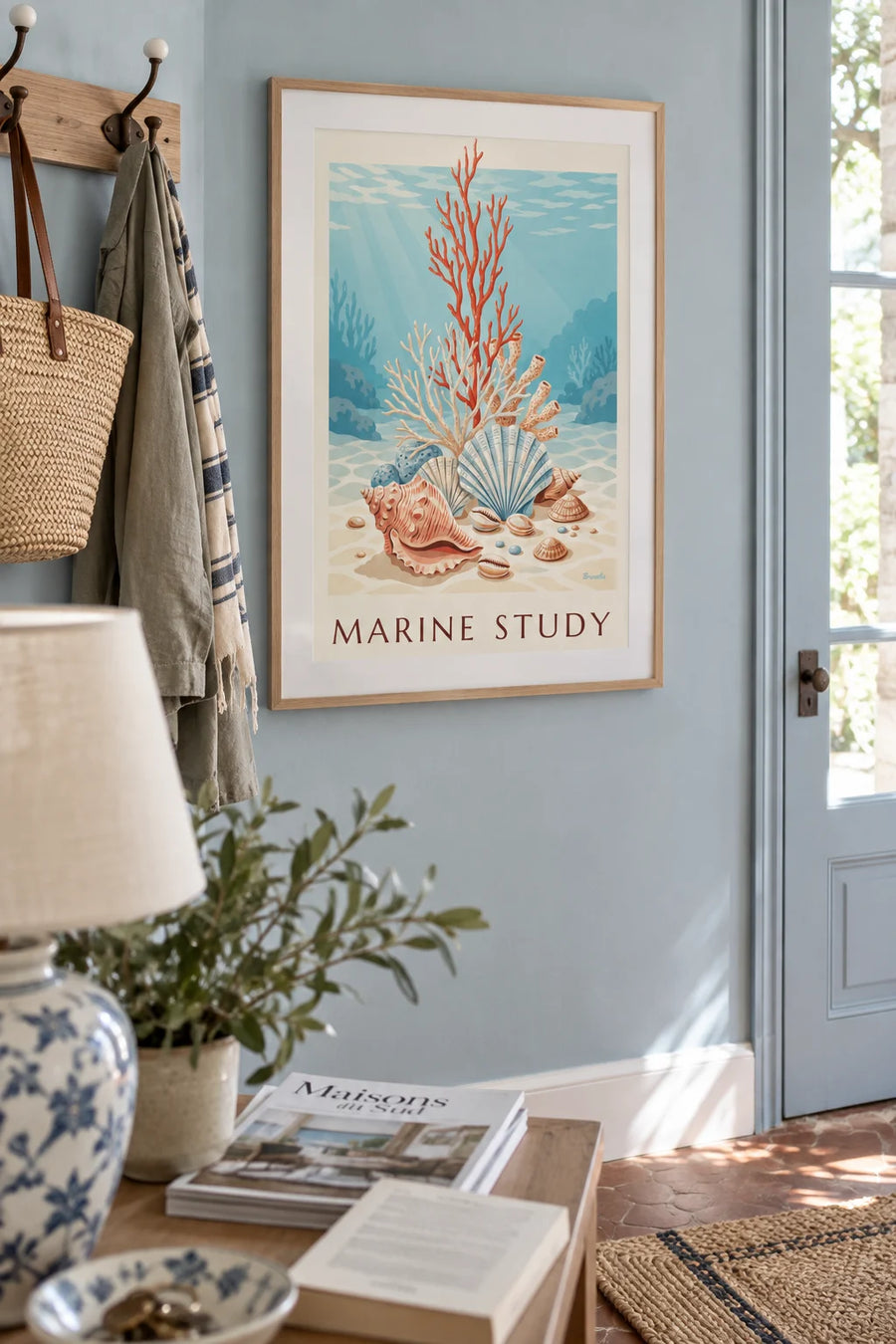 Affiche planche naturaliste de coraux et coquillages : encadrée au mur