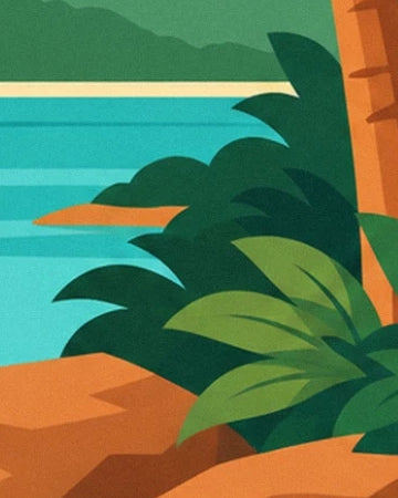 The ochre rocks and foliage beside the turquoise water, near the orange tree trunk
