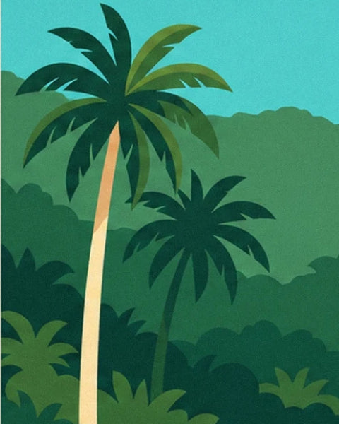 The palm trees with long green fronds against the tropical forest and turquoise sky