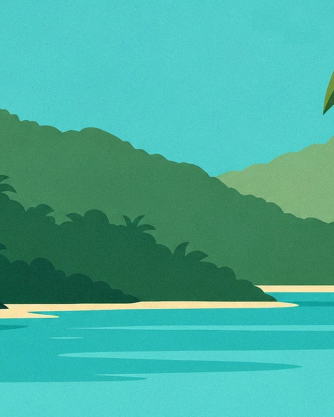 The turquoise lagoon bordered by pale sand and wooded hills in Costa Rica