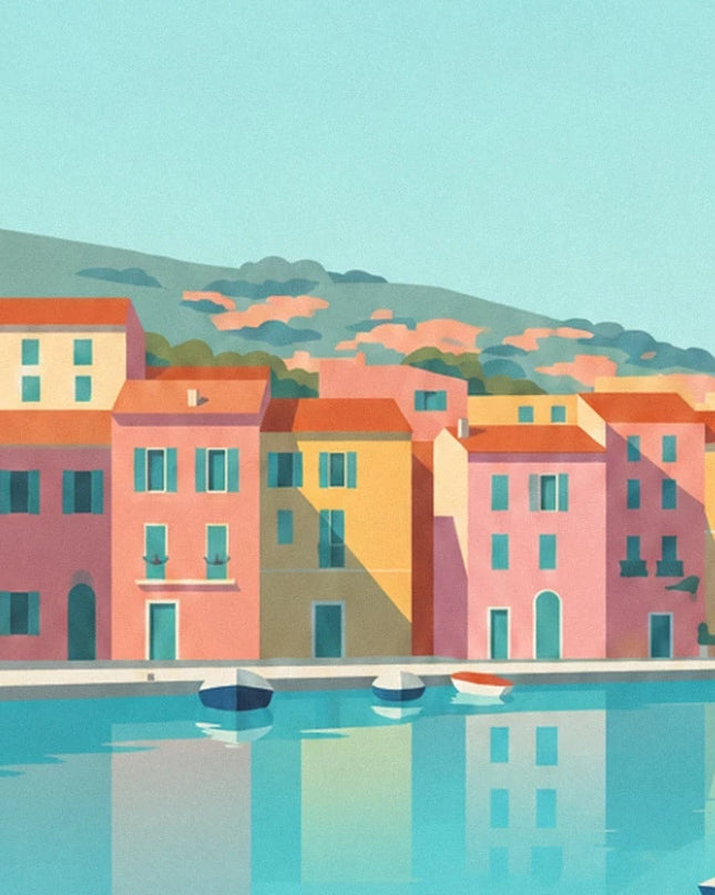 The pink and yellow harbour houses, their turquoise reflections and the small boats