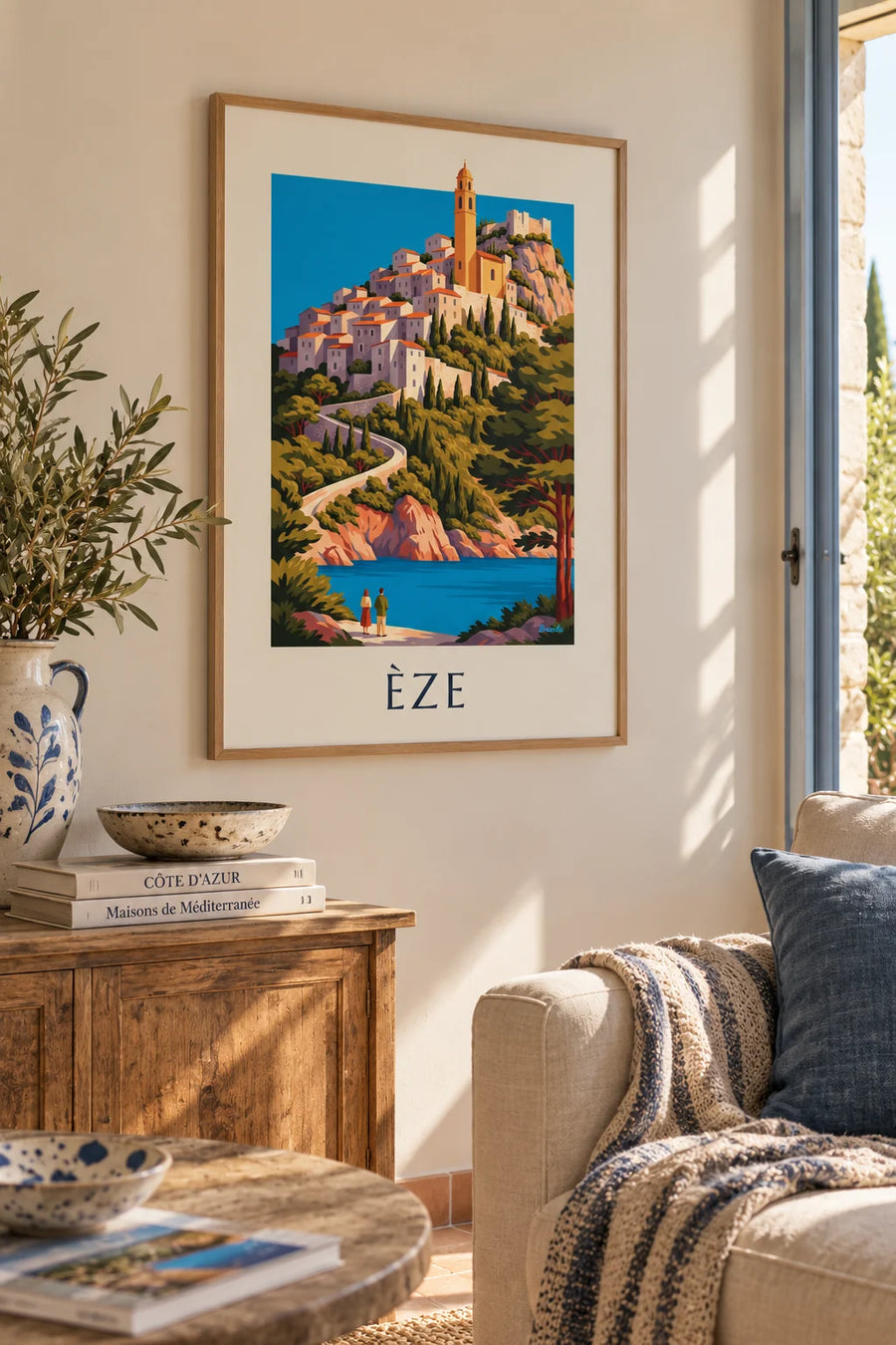 Poster Èze, dorp op de heuvel boven de Middellandse Zee: ingelijst aan de muur