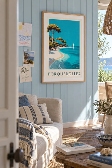Affiche plage Notre-Dame et ses pins sur l'île de Porquerolles : encadrée au mur