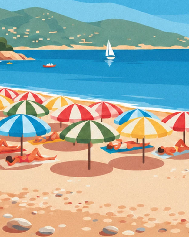 Rood, groen, blauw en geel gestreepte parasols, met zonnebaders languit op het zand
