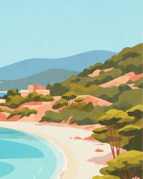 La plage et sa mer turquoise, bordées de pins et de rochers roses sous les collines