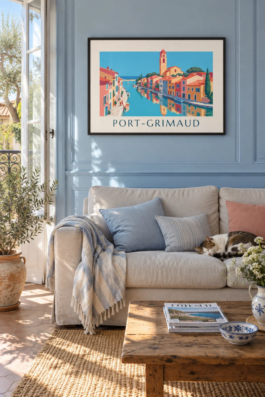 Poster of the canals and colorful houses of Port-Grimaud: framed on the wall