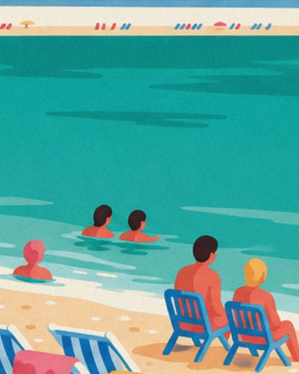 Bathers in the turquoise water and a couple sitting on 2 blue chairs at the water's edge