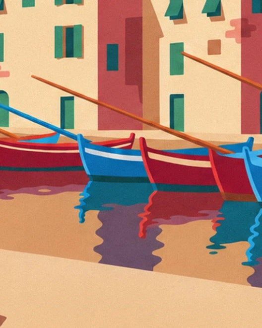 Les barques rouges et bleues, leurs longues rames et leurs reflets dans l’eau
