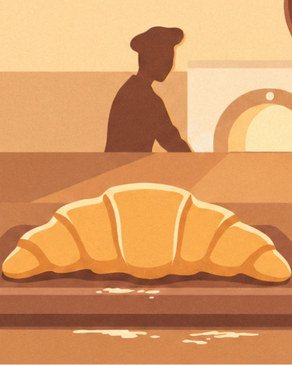 The golden croissant on its baking tray, with the pastry chef in a chef's hat in front of the oven