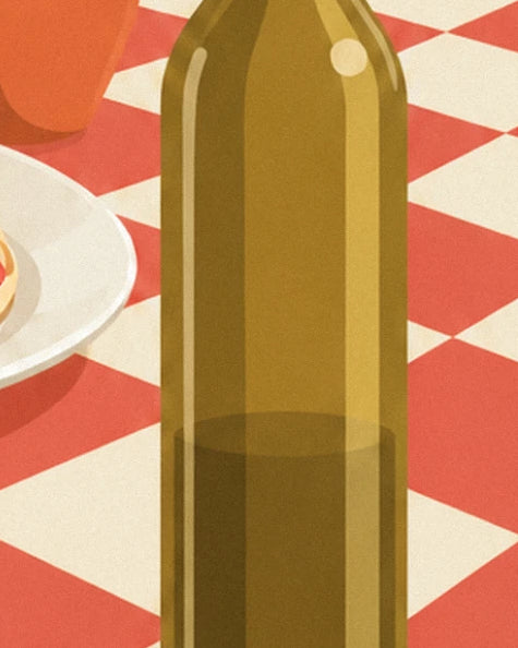 La bouteille d'huile d'olive verte sur la nappe à carreaux rouges et blancs