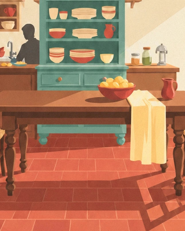 The large farmhouse table with its yellow tablecloth and fruit bowl in front of the green dresser