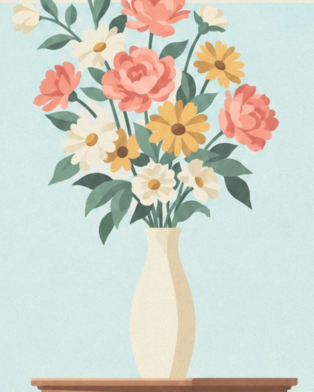 Het boeket roze pioenrozen en gele margrieten in de crèmewitte vaas