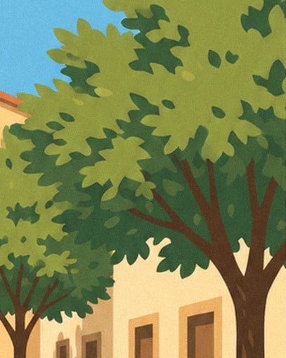 Les arbres au feuillage dense devant une façade jaune aux fenêtres encadrées d’ocre