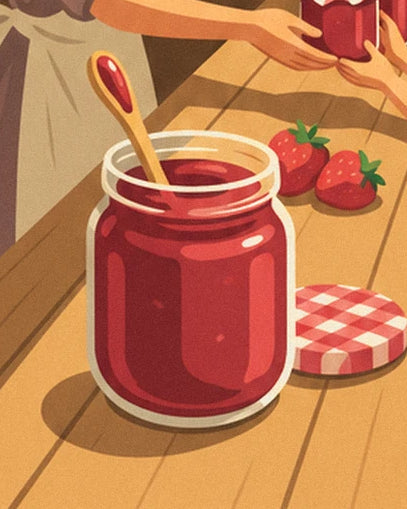 Le pot de confiture rouge, sa cuillère en bois et son couvercle à carreaux près des fraises
