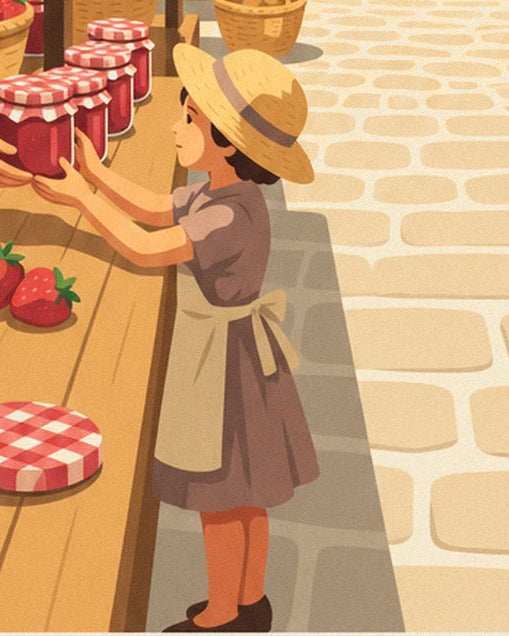 La marchande au chapeau de paille devant les pots de confiture à couvercles vichy
