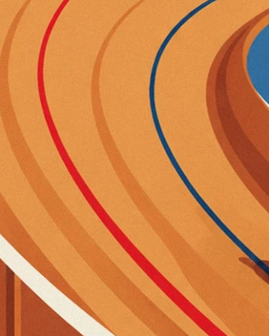 The bend in the orange-toned wooden track, marked with red and blue lines