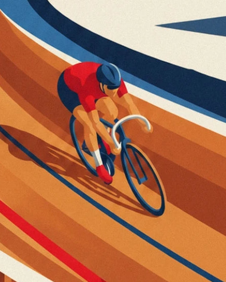 The cyclist in a red jersey and blue helmet leaning over his bike on the wooden track