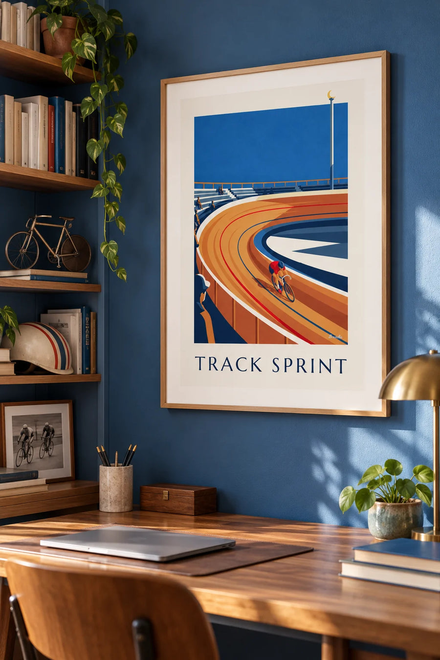 Poster wielrenner op de baan van een houten wielerbaan: ingelijst aan de muur