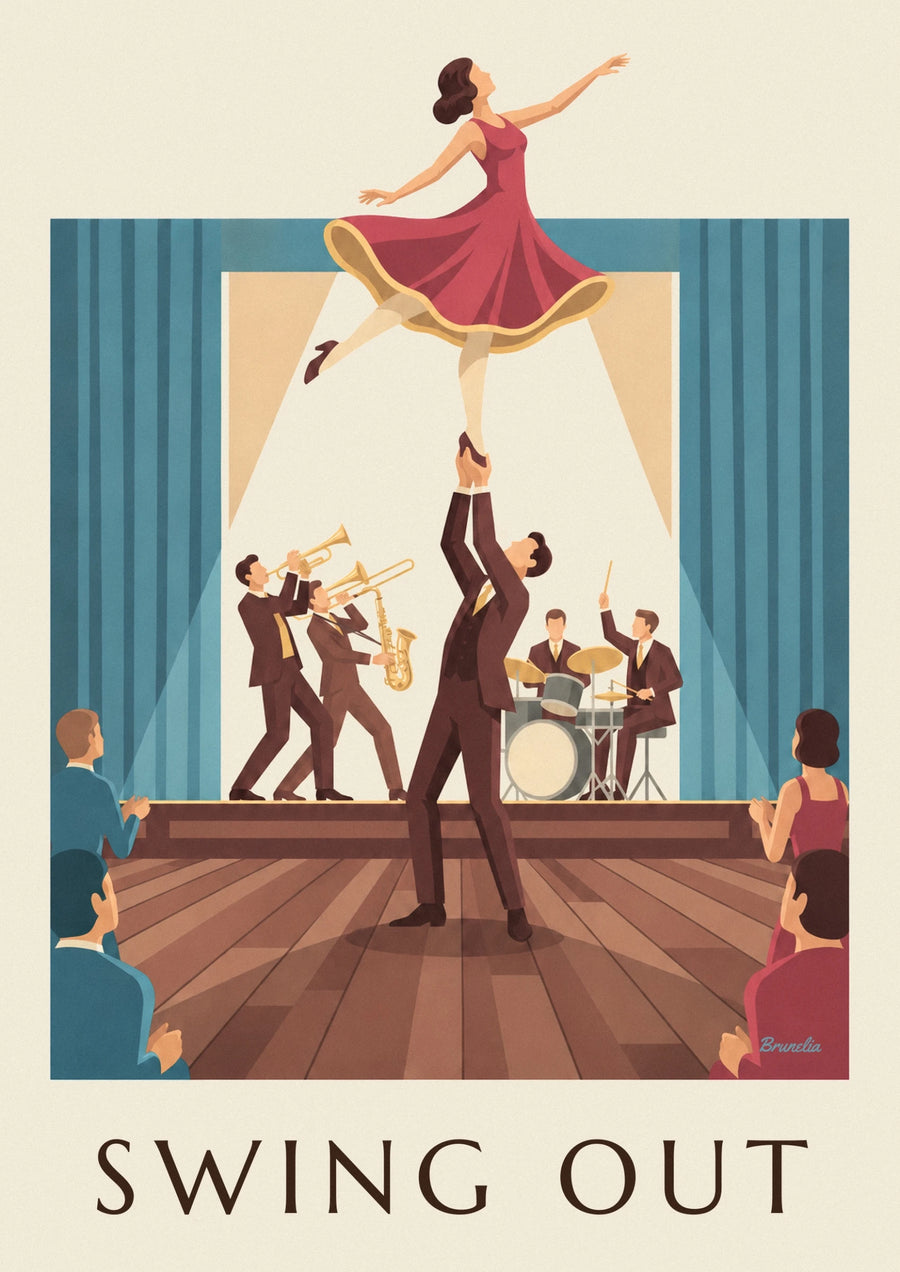 Affiche couple de danseurs de swing dans une salle de bal