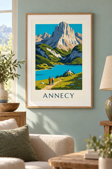 Poster wandeling boven het meer van Annecy : ingelijst aan de muur