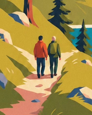 Les 2 randonneurs en vestes rouge et verte sur le sentier bordé de sapins