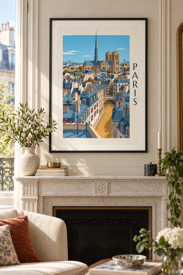 Poster Haussmanniaanse daken van Parijs en kathedraal Notre-Dame: ingelijst aan de muur