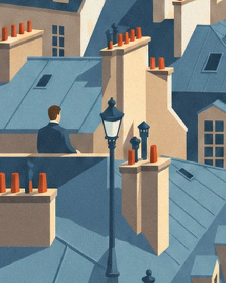 Un homme en veste sombre assis sur un toit, près d'un lampadaire et de cheminées orange
