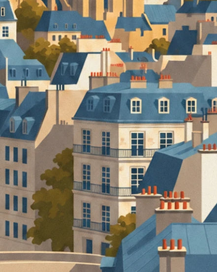 Un immeuble haussmannien à balcons et lucarnes, entouré de toits bleus et d'arbres