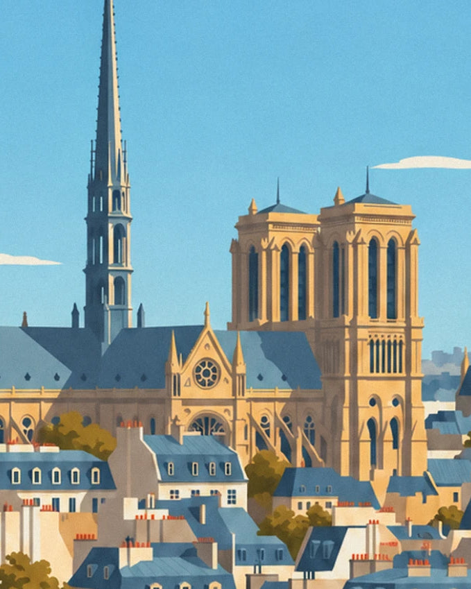 Les 2 tours dorées de Notre-Dame et la flèche, sous un ciel bleu clair