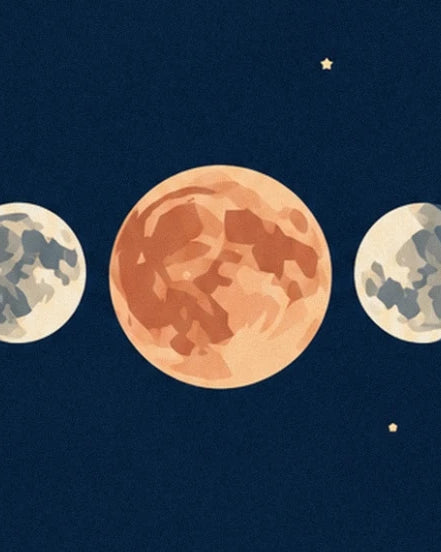 A large orange moon between 2 pale moons against a starry midnight blue sky