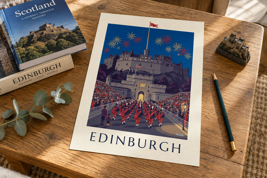 Poster met Edinburgh Castle en de Military Tattoo bij nacht: neergezet op een tafel
