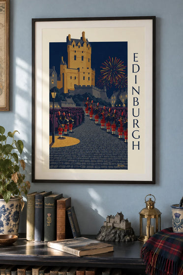 Affiche château d'Édimbourg et Military Tattoo de nuit : encadrée au mur