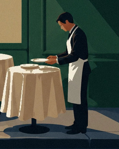 The waiter in a white apron, holding a plate in front of the bistro's cloth-covered table